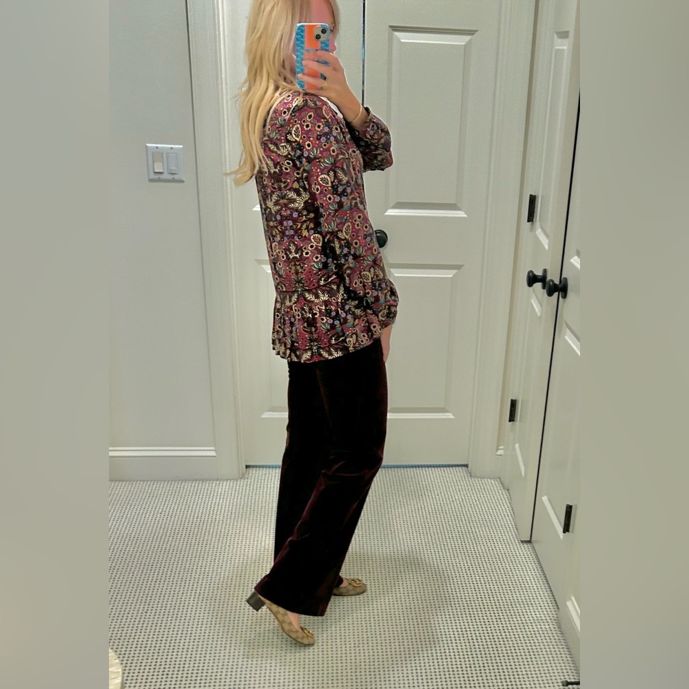 Maeve Anthropologie Burgundy Multicolor Floral Ruffle Hem Blouse Women Sz 4